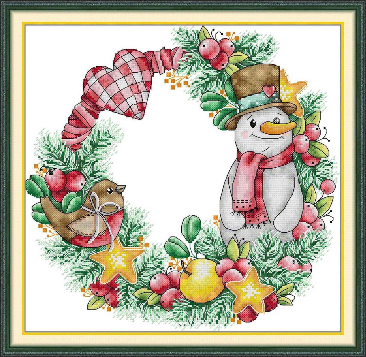 Cross Stitch Kits Stamped Full Range of Embroidery Set,DIY Sewing Pattern Needlework Kits for Beginners 11CT 3 Strands-Christmas Snowman Wreath 43×42cm